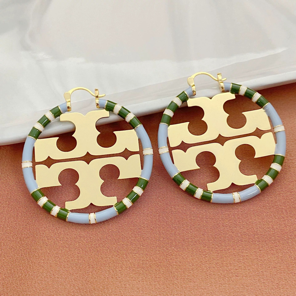Tory Burch Inlaid Hollow English Letter Geometric Round Metal Earrings